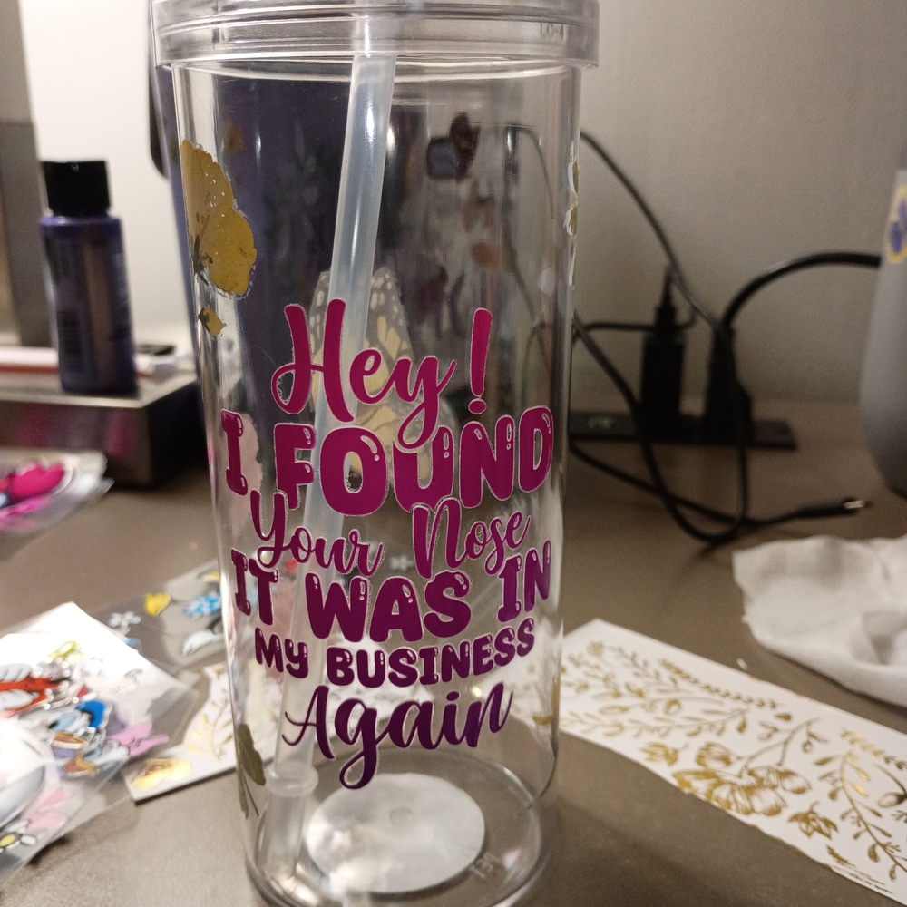 Clear Tumbler with Straw and Pink Text